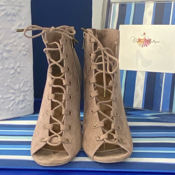 Light brown/beige suede like lace up open toe chunky high heel ankle booties - Picture 15 of 15